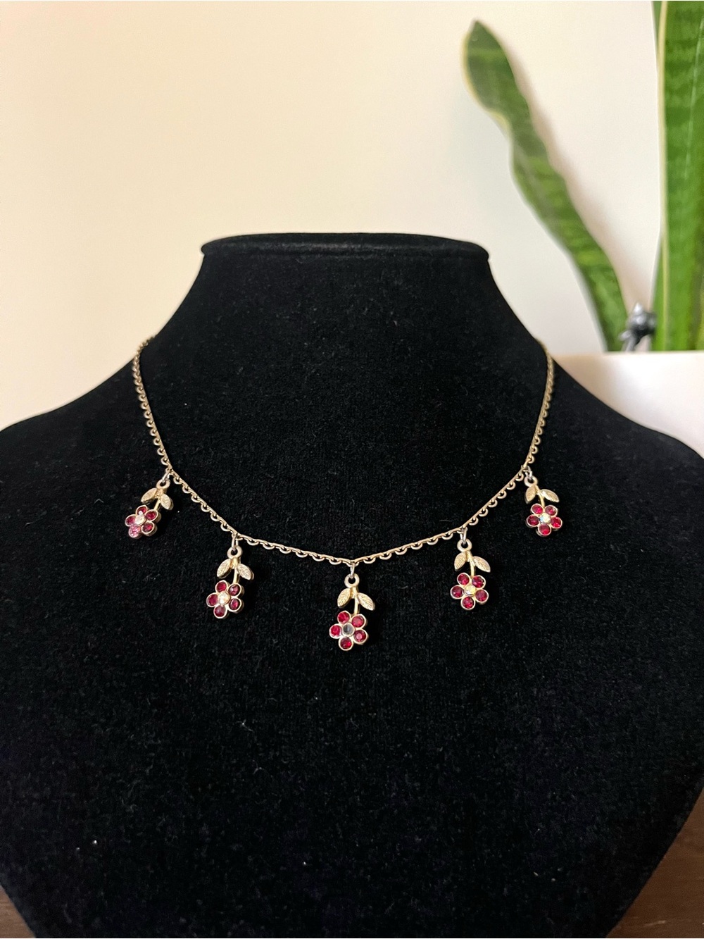 Vintage Dainty Red & Gold Floral Charm Necklace
